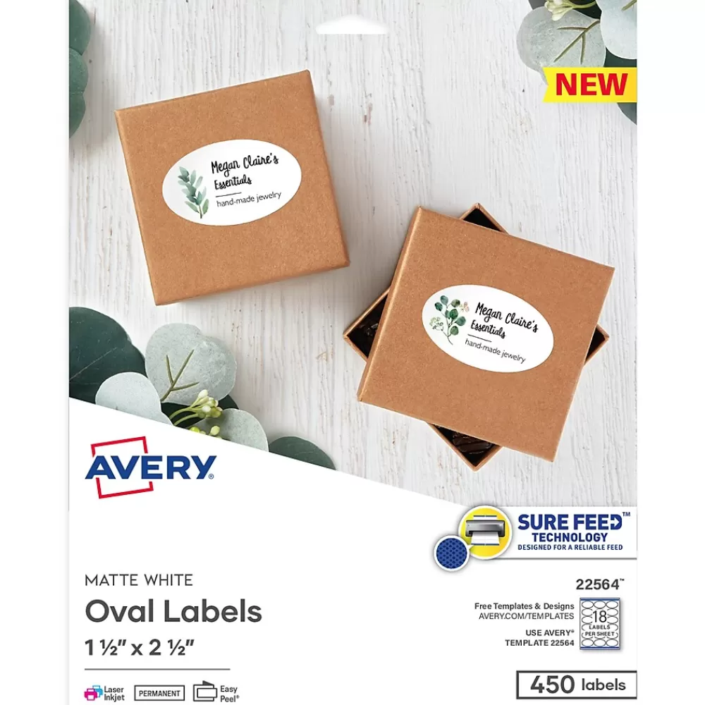 Avery Labels<Print-to-the-Edge Laser/Inkjet Oval Labels, 1 1/2" x 2 1/2", White, 450 Labels/Pack (22564)