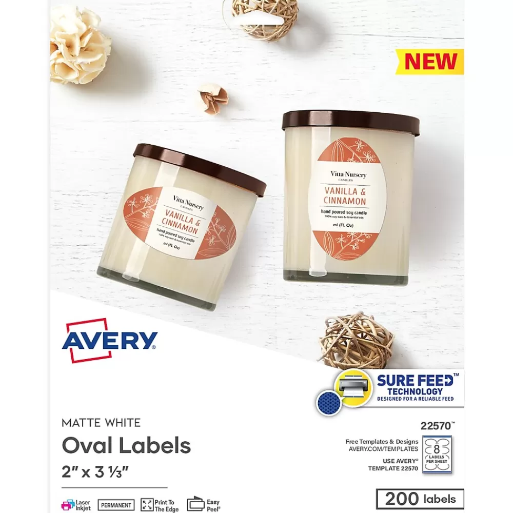 Avery Labels<Print-to-the-Edge Laser/Inkjet Oval Labels, 2" x 3-1/3", White, 200 Labels/Pack (22570)