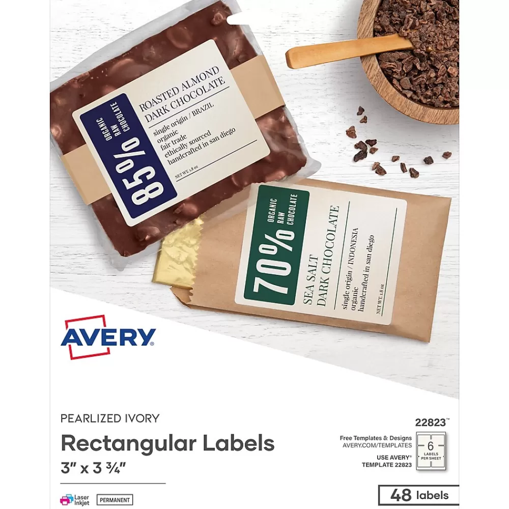 Avery Labels<Print-to-the-Edge Laser/Inkjet Rectangle Labels, 3" x 3 3/4", Pearlized Ivory, 48 Labels/Pack (22823)