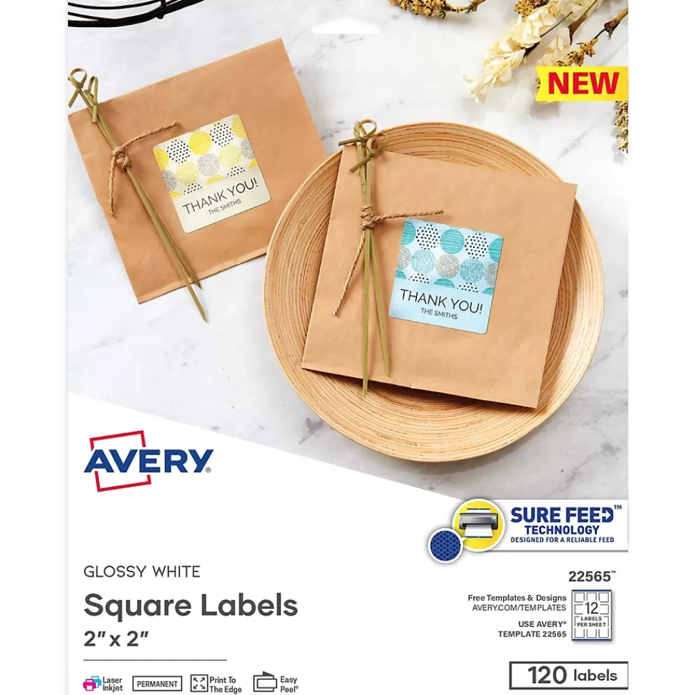 Avery Labels<Print-to-the-Edge Laser/Inkjet Square Labels, 2" x 2", Glossy White, 120 Labels/Pack (22565)