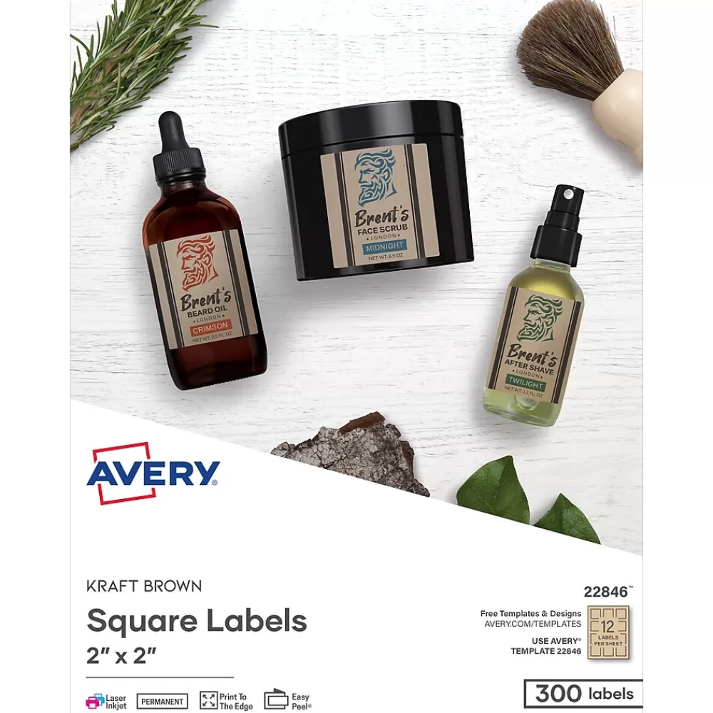 Avery Labels<Print-to-the-Edge Laser/Inkjet Square Labels, 2" x 2", Kraft Brown, 300 Labels/Pack (22846)