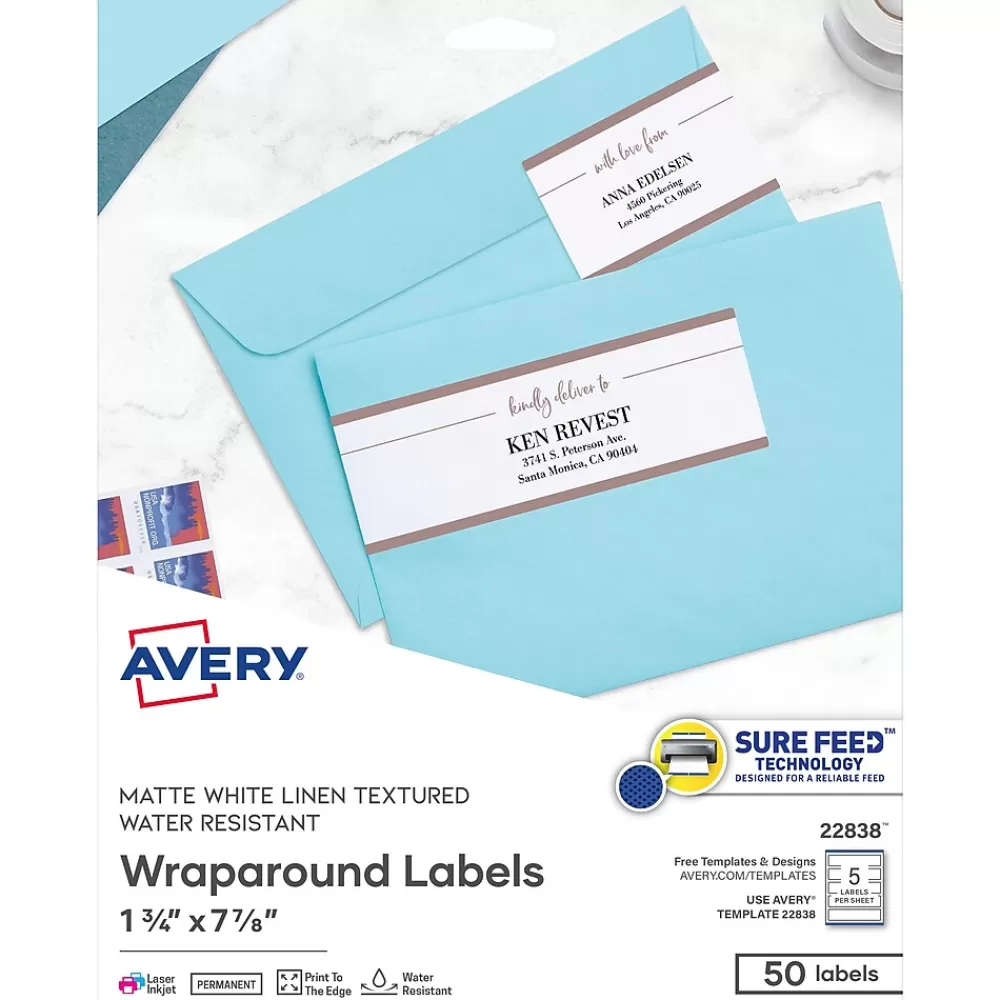 Avery Labels<Print-to-the-Edge Laser/Inkjet Wraparound Labels, 7.85" x 1.75", Textured White, 50/Pack (22838)