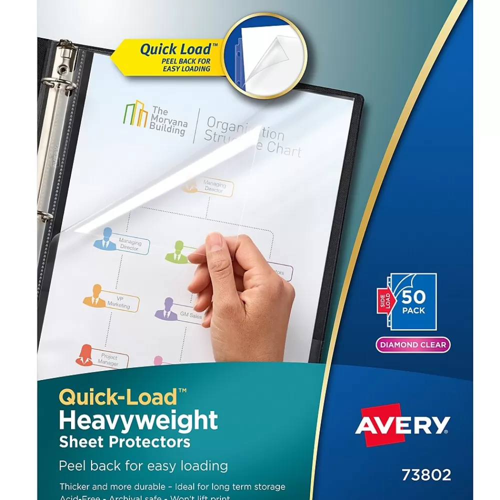 Avery Sheet Protectors<Quick Load Heavyweight Sheet Protectors, 8-1/2" x 11", Diamond Clear, Acid-Free, 50/Box (73802)