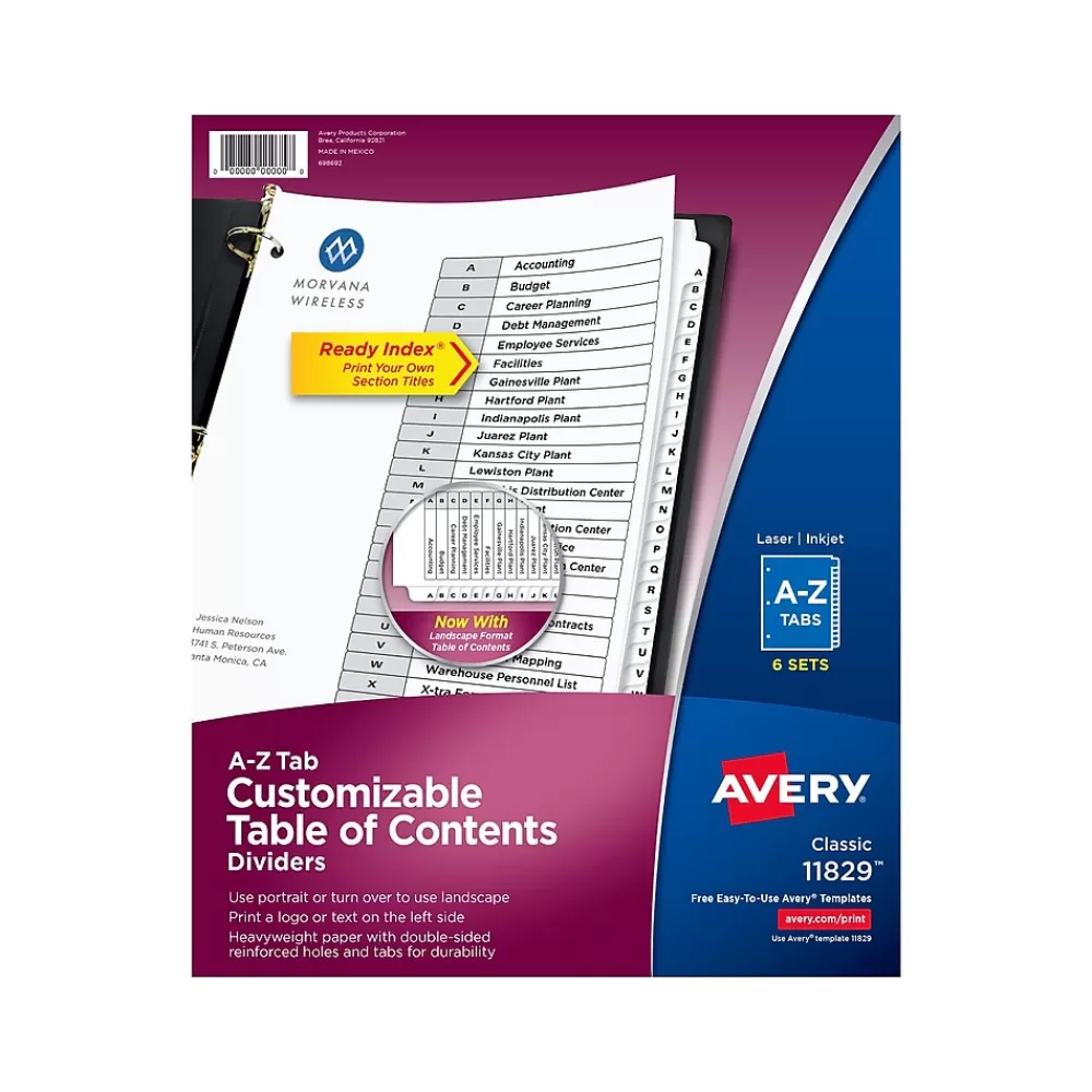 Avery Dividers<Ready Index Customizable Table of Contents A-Z Tab Dividers, White Tabs, 6 Sets (11829)