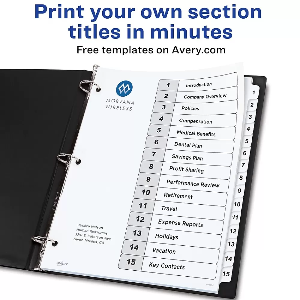 Avery Dividers<Ready Index Customizable Table Of Contents Preprinted Paper Dividers, 15-Tab, White, 3 Sets/Pack (11079)