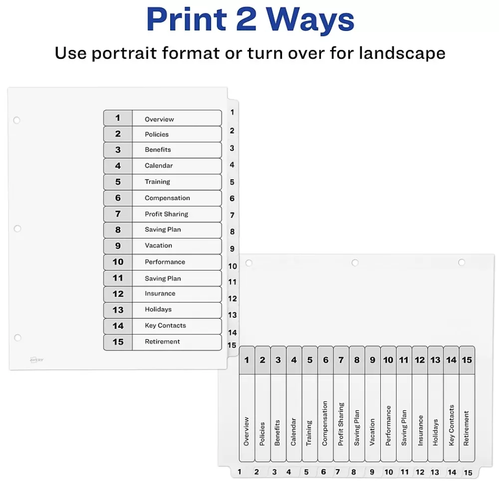 Avery Dividers<Ready Index Customizable Table Of Contents Preprinted Paper Dividers, 15-Tab, White, 3 Sets/Pack (11079)