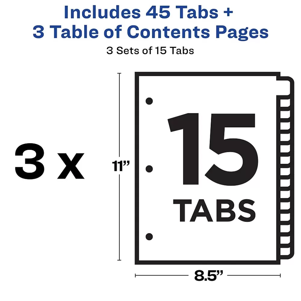 Avery Dividers<Ready Index Customizable Table Of Contents Preprinted Paper Dividers, 15-Tab, White, 3 Sets/Pack (11079)
