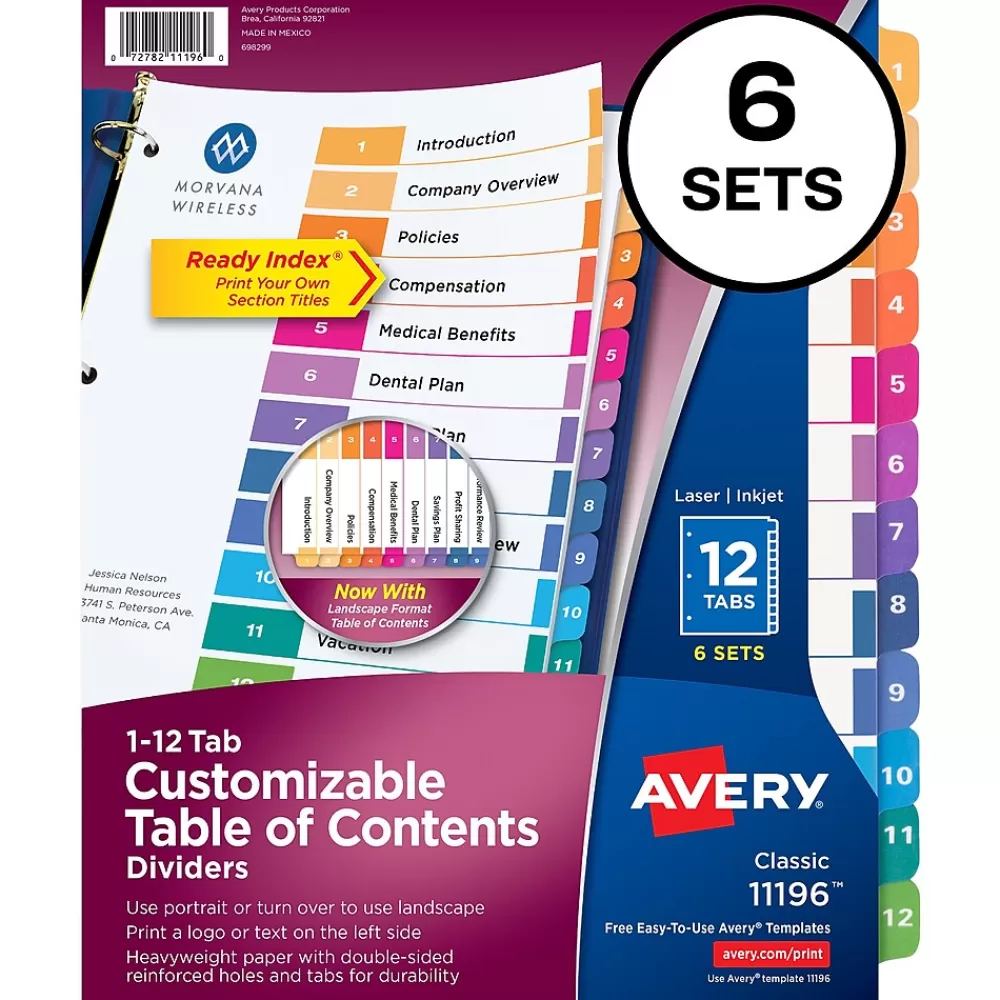 Avery Dividers<Ready Index Numeric Paper Dividers, 12-Tab, Multicolor, 6/Pack (11196)
