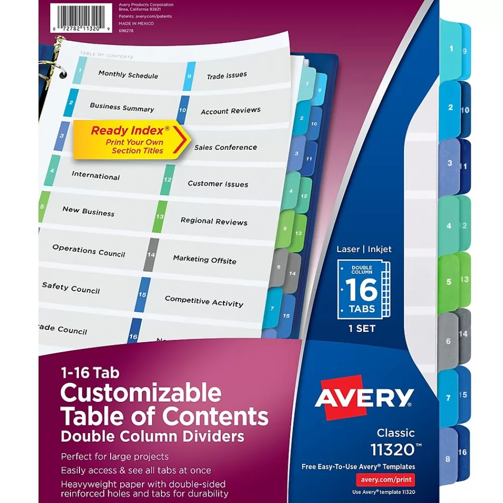 Avery Dividers<Ready Index Table of Contents Double Column Paper Dividers, 1-16 Tabs, Multicolor (11320)