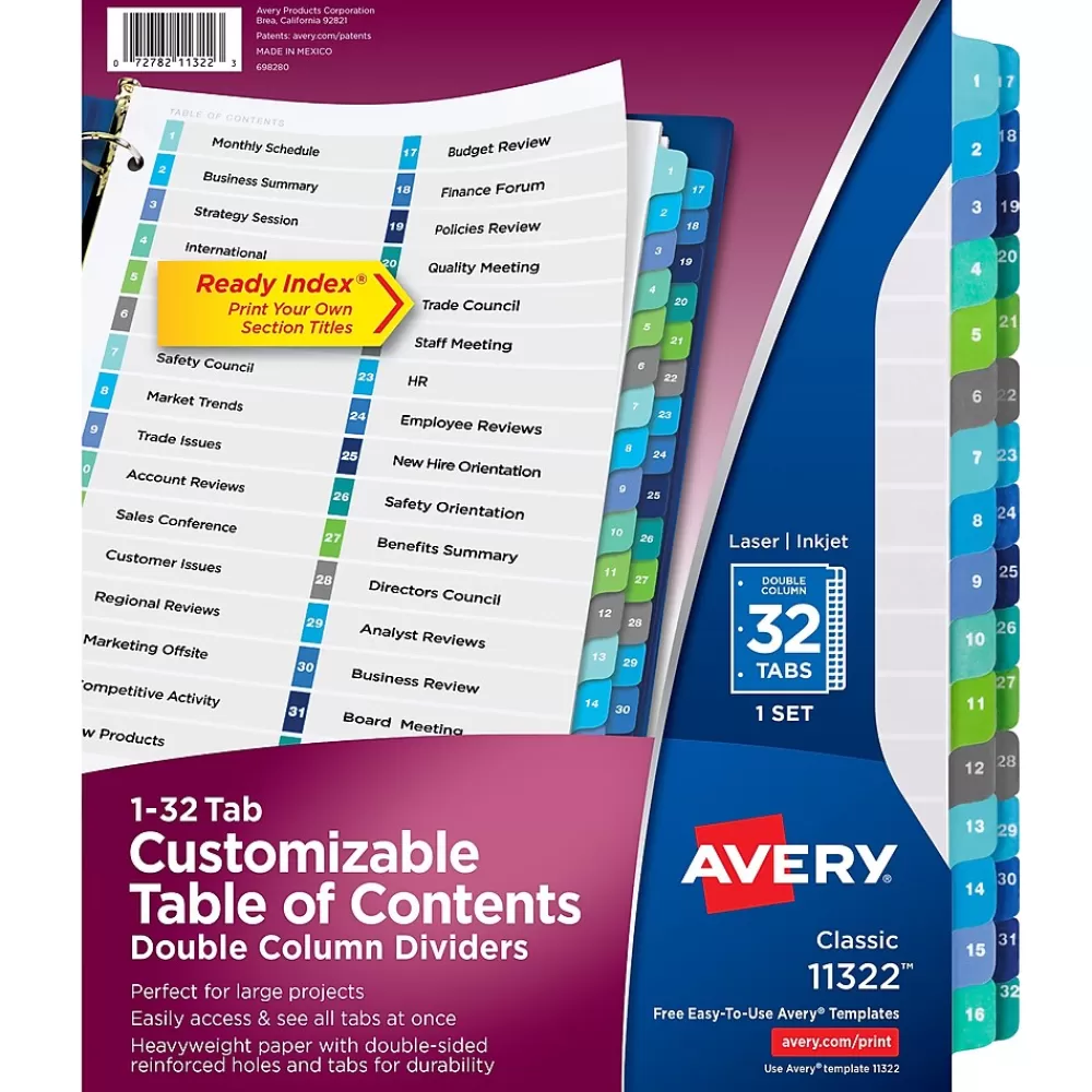 Avery Dividers<Ready Index Table of Contents Double Column Paper Dividers, 1-32 Tabs, Multicolor (11322)
