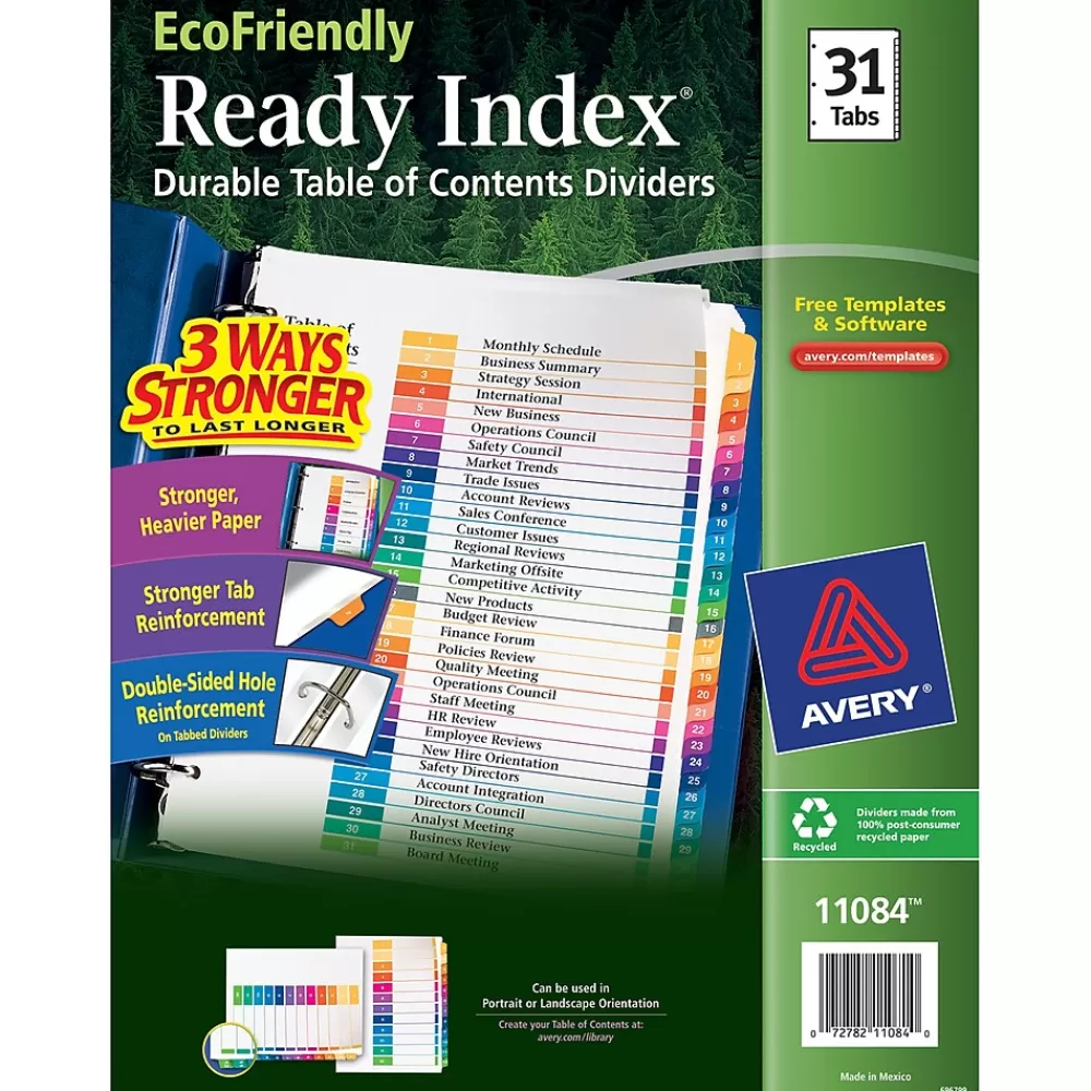Avery Dividers<Ready Index Table of Contents EcoFriendly Paper Dividers, 1-31 Tabs, Multicolor (11084)
