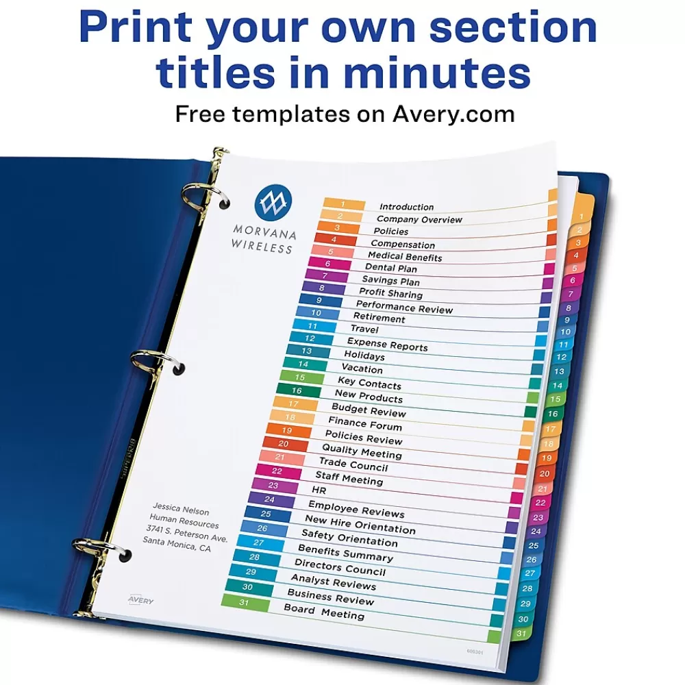 Avery Dividers<Ready Index Table of Contents EcoFriendly Paper Dividers, 1-31 Tabs, Multicolor (11084)