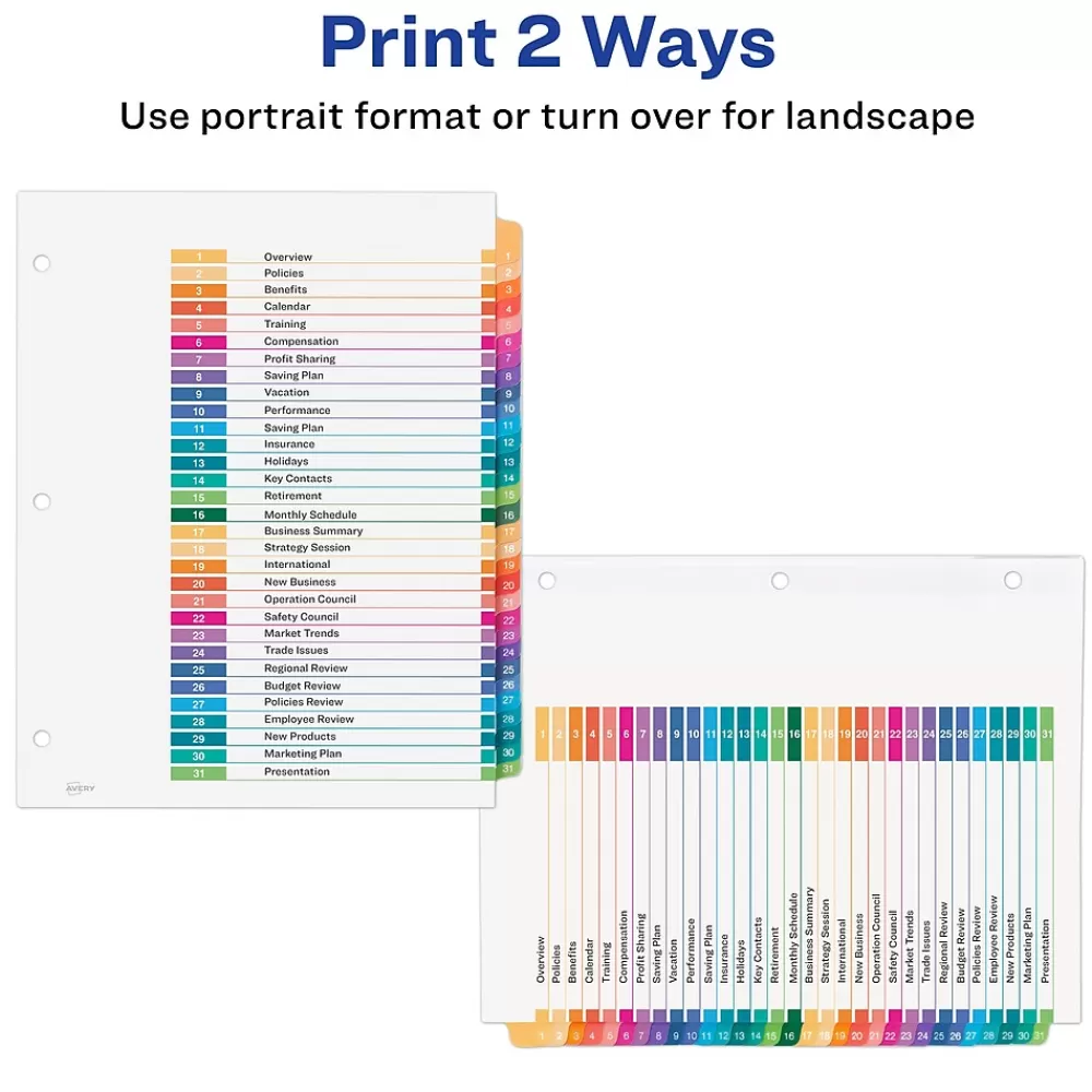 Avery Dividers<Ready Index Table of Contents EcoFriendly Paper Dividers, 1-31 Tabs, Multicolor (11084)