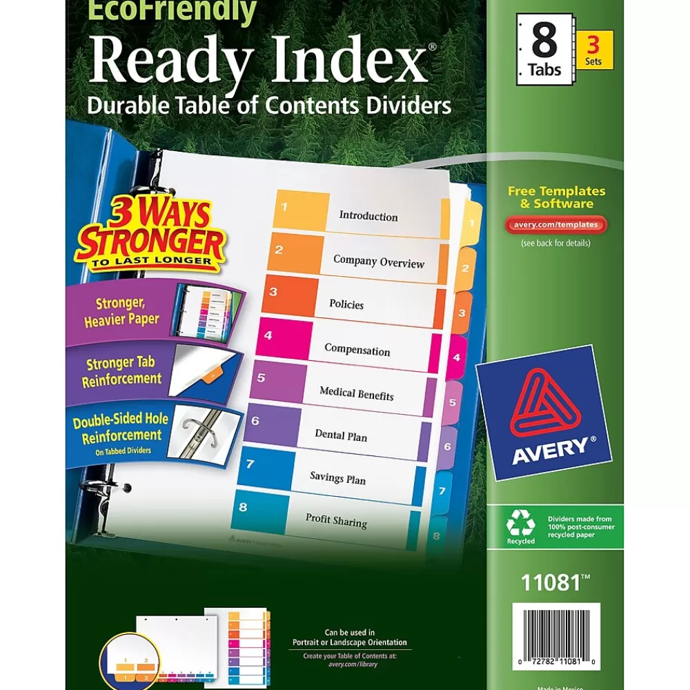 Avery Dividers<Ready Index Table of Contents EcoFriendly Paper Dividers, 1-8 Tabs, Multicolor, 3 Sets/Pack (11081)