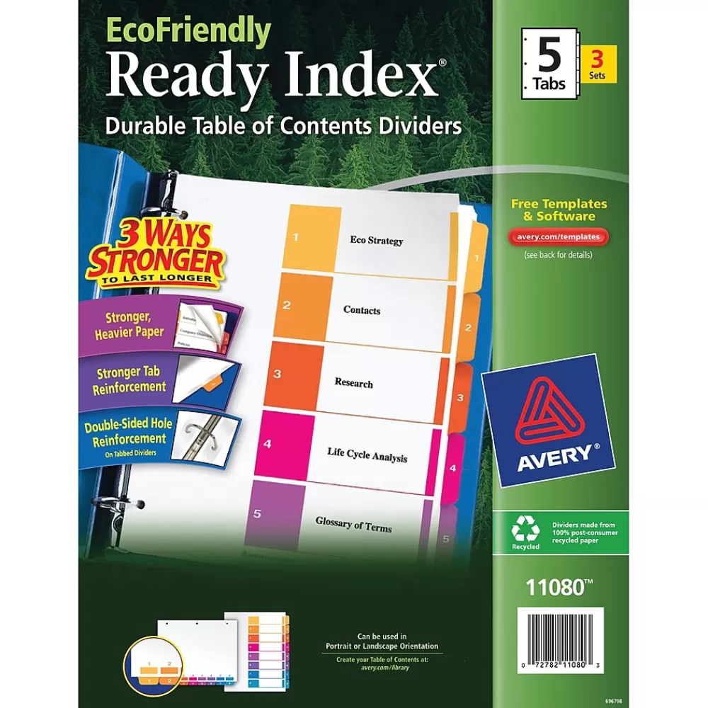 Avery Dividers<Ready Index Table of Contents EcoFriendly Paper Dividers, 1-5 Tabs, Multicolor, 3 Sets/Pack (11080)