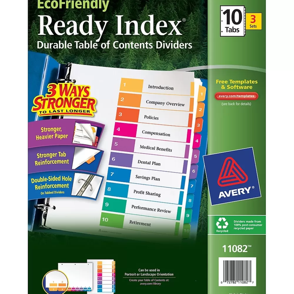 Avery Dividers<Ready Index Table of Contents EcoFriendly Paper Dividers, 1-10 Tabs, Multicolor, 3 Sets/Pack (11082)