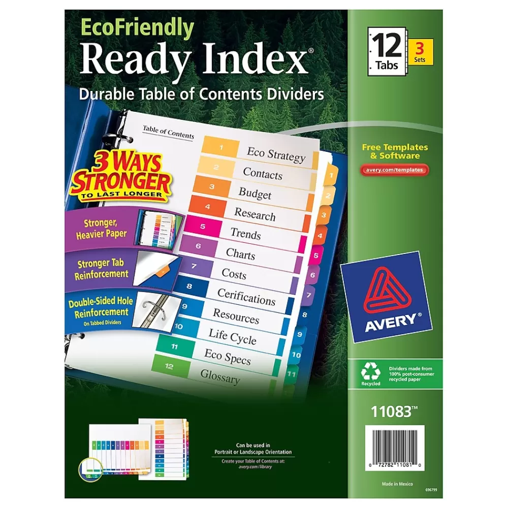 Avery Dividers<Ready Index Table of Contents EcoFriendly Paper Dividers, 1-12 Tabs, Multicolor, 3 Sets/Pack (11083)