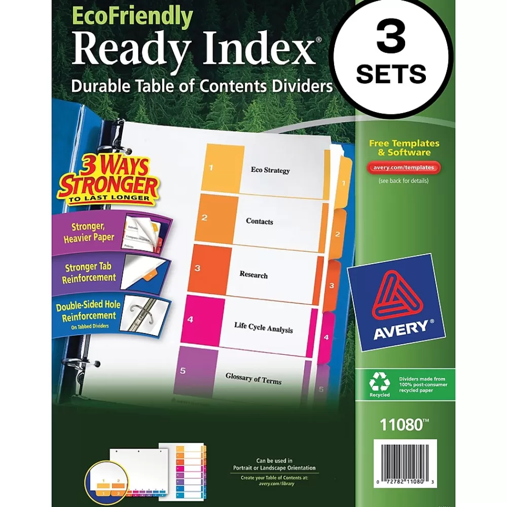 Avery Dividers<Ready Index Table of Contents EcoFriendly Paper Dividers, 1-5 Tabs, Multicolor, 3 Sets/Pack (11080)