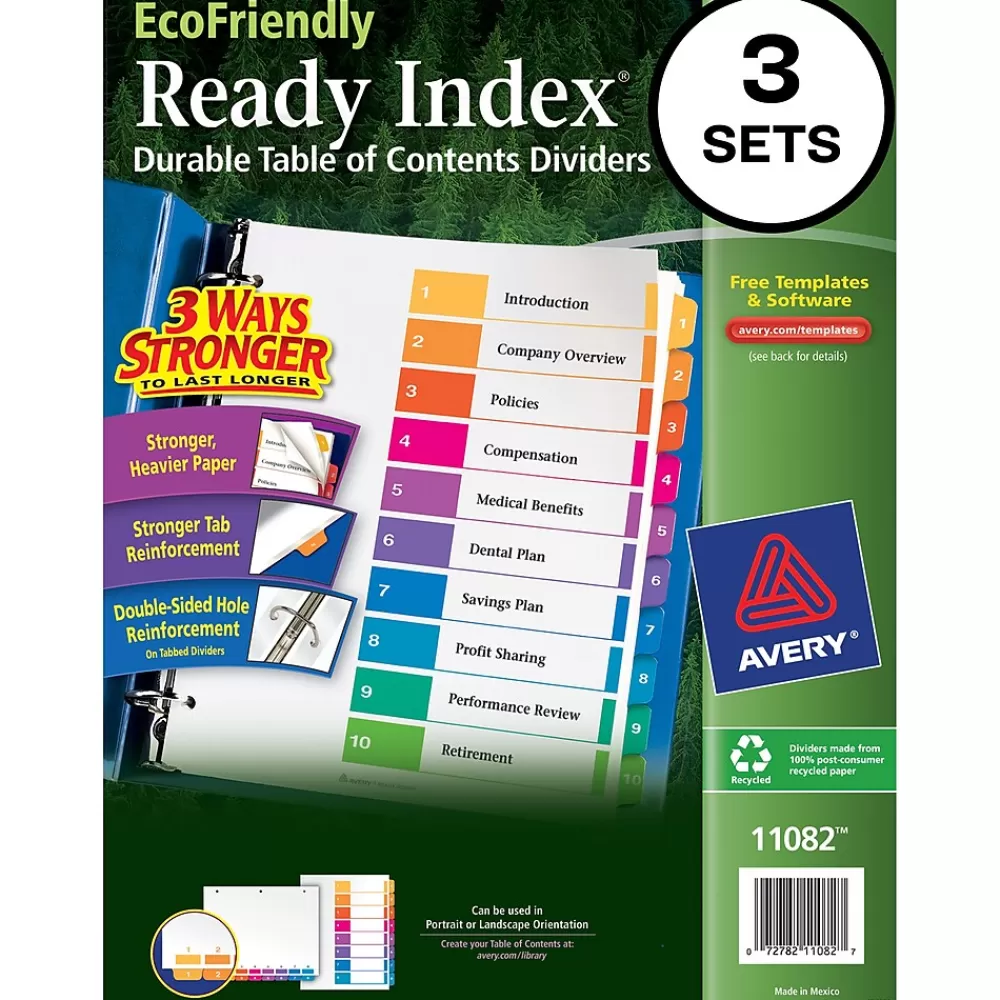Avery Dividers<Ready Index Table of Contents EcoFriendly Paper Dividers, 1-10 Tabs, Multicolor, 3 Sets/Pack (11082)