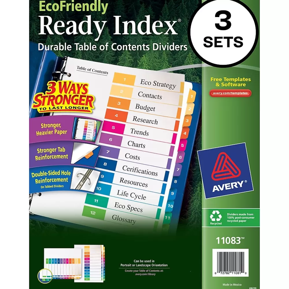 Avery Dividers<Ready Index Table of Contents EcoFriendly Paper Dividers, 1-12 Tabs, Multicolor, 3 Sets/Pack (11083)