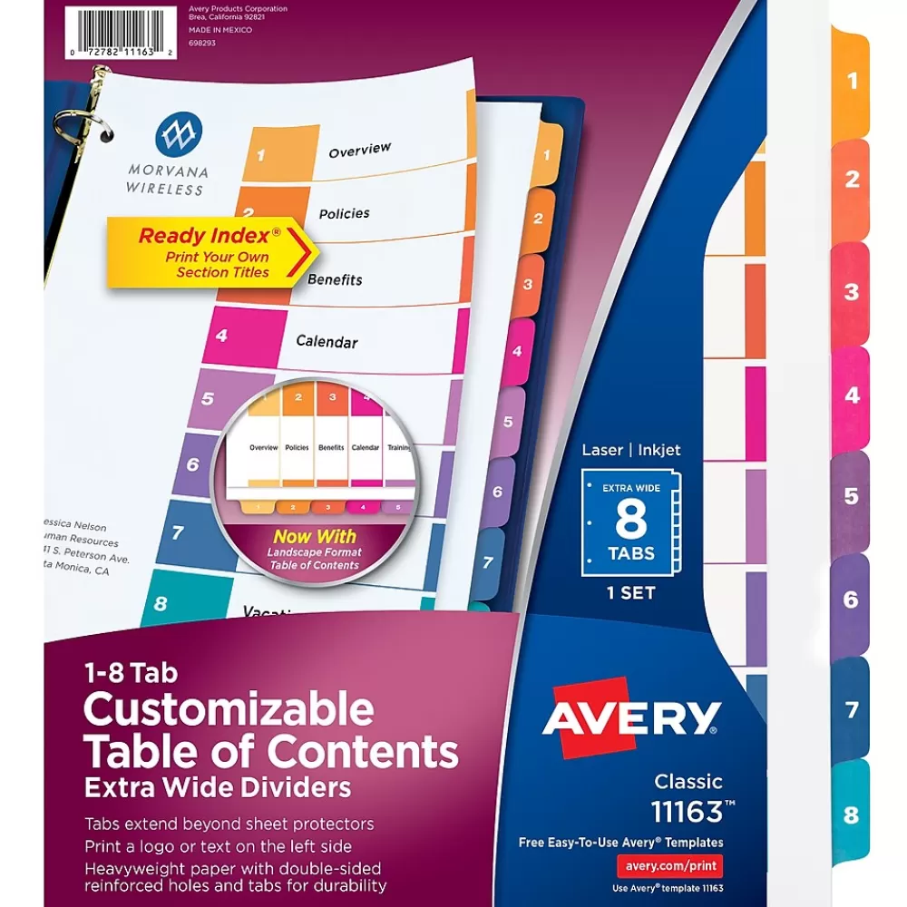 Avery Dividers<Ready Index Table of Contents Extra-Wide Paper Dividers, 1-8 Tab, Multicolor (11163)