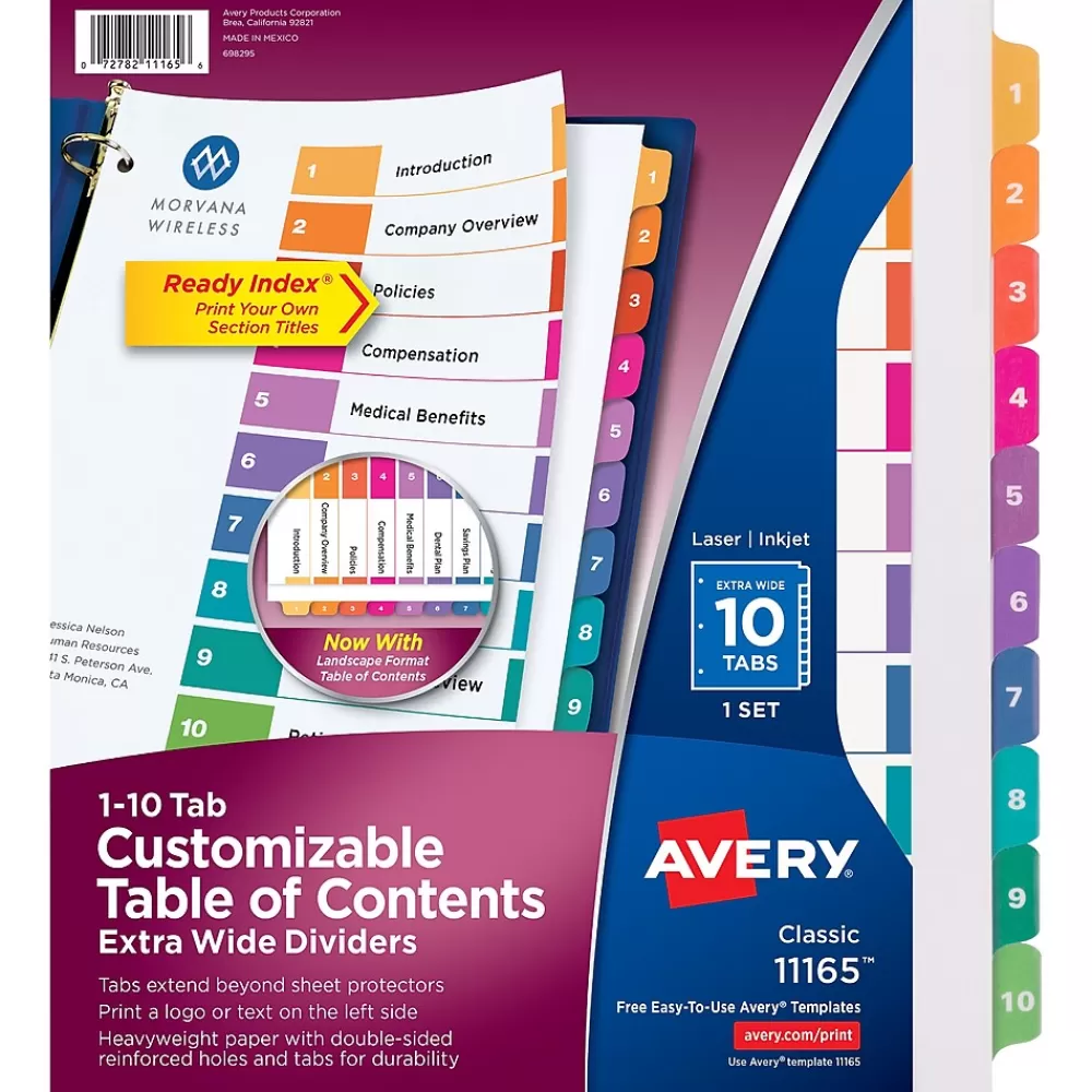 Avery Dividers<Ready Index Table of Contents Extra-Wide Paper Dividers, 1-10 Tab, Multicolor (11165)