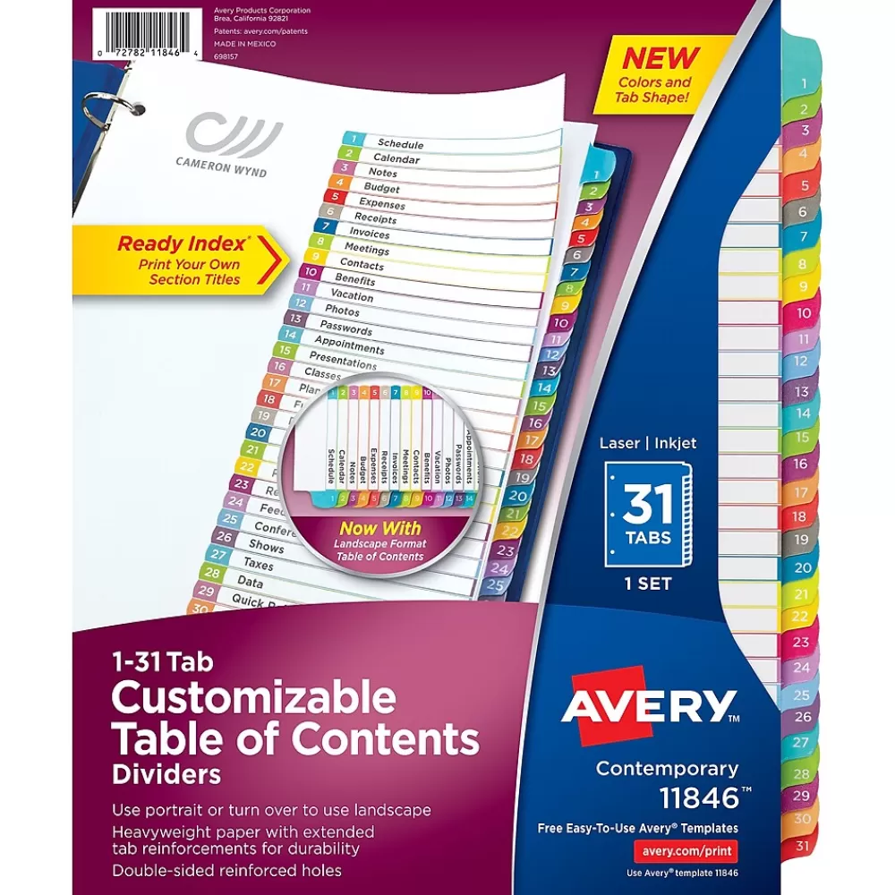 Avery Dividers<Ready Index Table of Contents Paper Dividers, 1-31 Tabs, Contemporary Multicolor (11846)