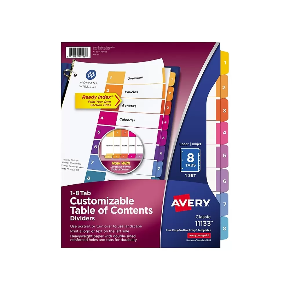 Avery Dividers<Ready Index Table of Contents Paper Dividers, 1-8 Tabs, Multicolor (11133)
