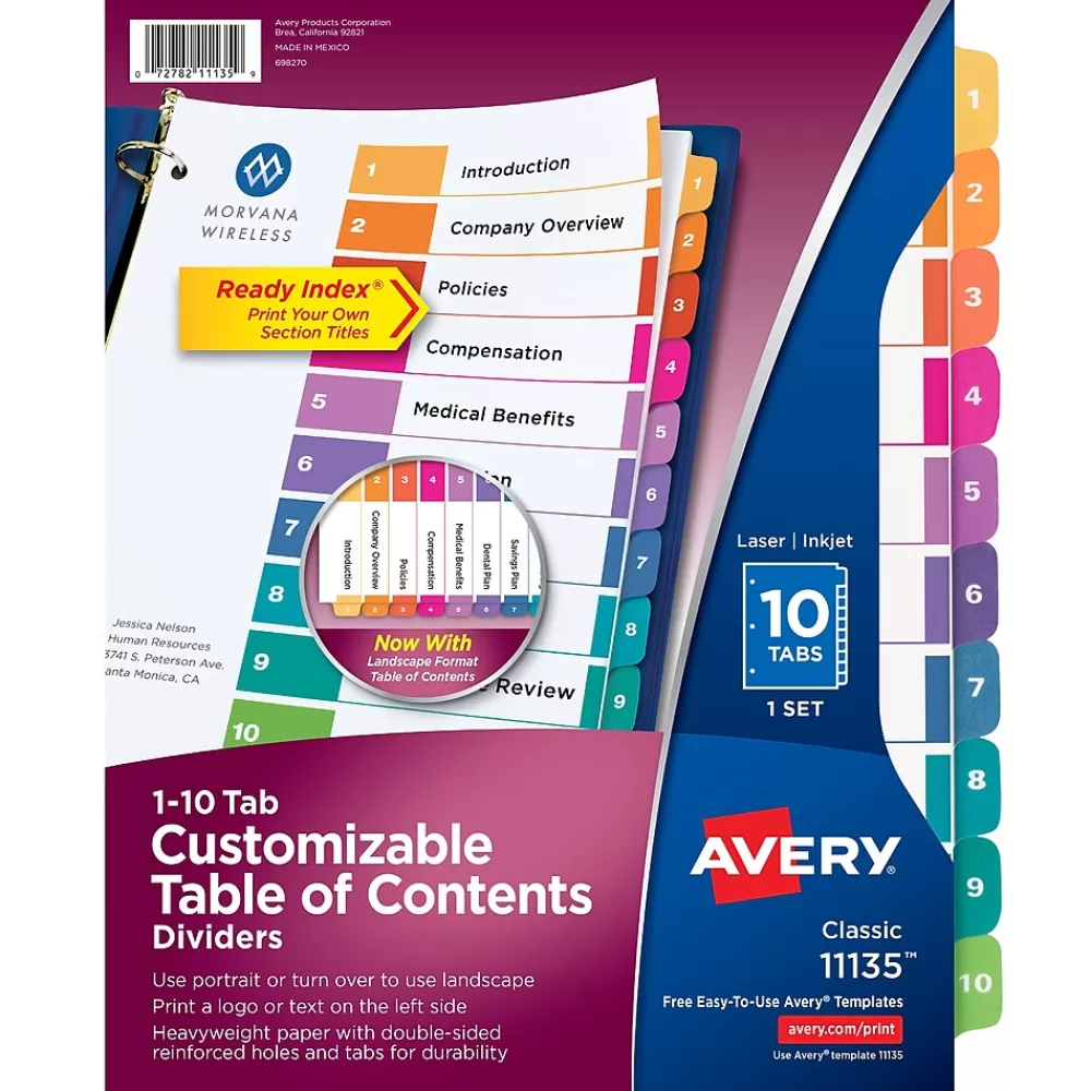 Avery Dividers<Ready Index Table of Contents Paper Dividers, 1-10 Tabs, Multicolor (11135)