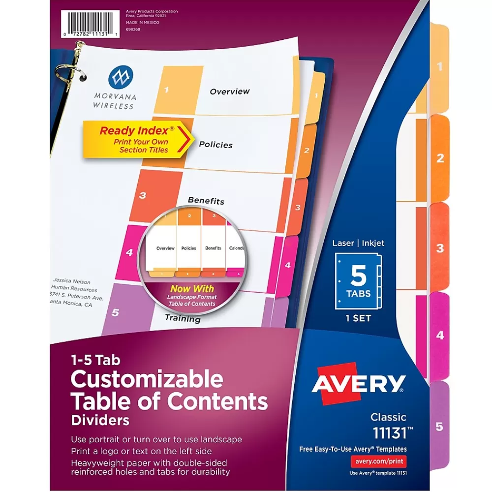 Avery Dividers<Ready Index Table of Contents Paper Dividers, 1-5 Tabs, Multicolor (11131)