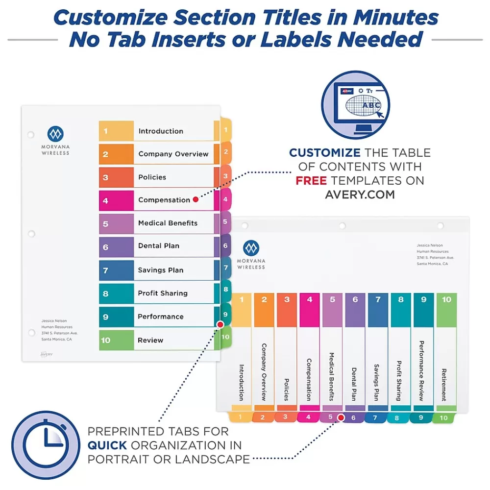 Avery Dividers<Ready Index Table of Contents Paper Dividers, 1-10 Tabs, Multicolor (11135)
