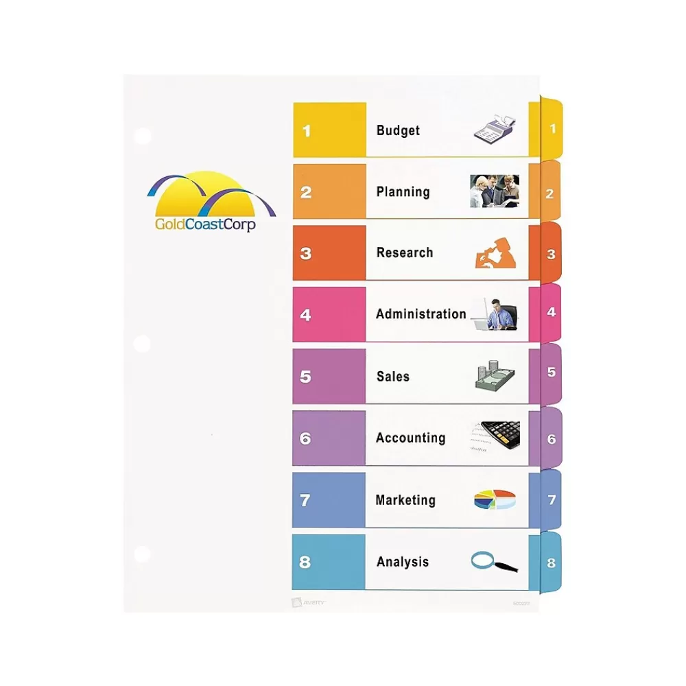 Avery Dividers<Ready Index Table of Contents Paper Dividers, 1-8 Tabs, Multicolor (11133)
