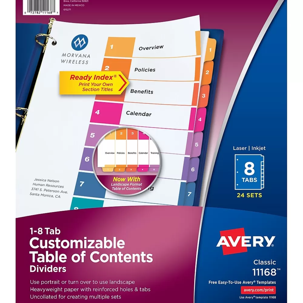Avery Dividers<Ready Index Table of Contents Paper Dividers, 1-8 Tabs, Multicolor, 24 Sets/Box (11168)