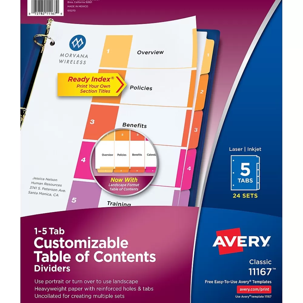 Avery Dividers<Ready Index Table of Contents Paper Dividers, 1-5 Tabs, Multicolor, 24 Sets/Box (11167)