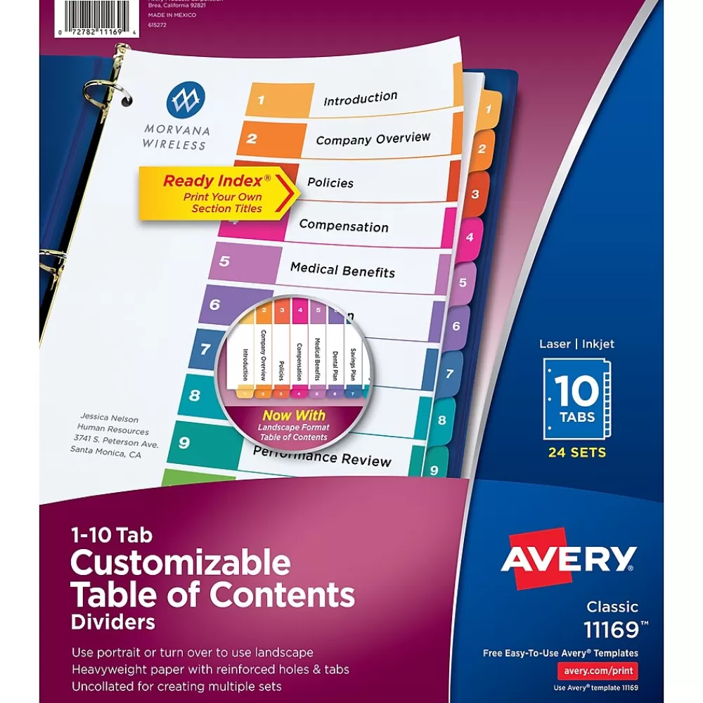 Avery Dividers<Ready Index Table of Contents Paper Dividers, 1-10 Tabs, Multicolor, 24 Sets/Box (11169)