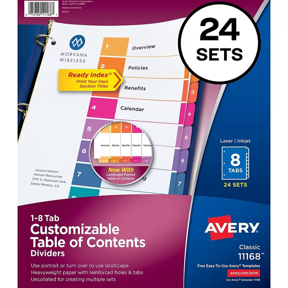 Avery Dividers<Ready Index Table of Contents Paper Dividers, 1-8 Tabs, Multicolor, 24 Sets/Box (11168)