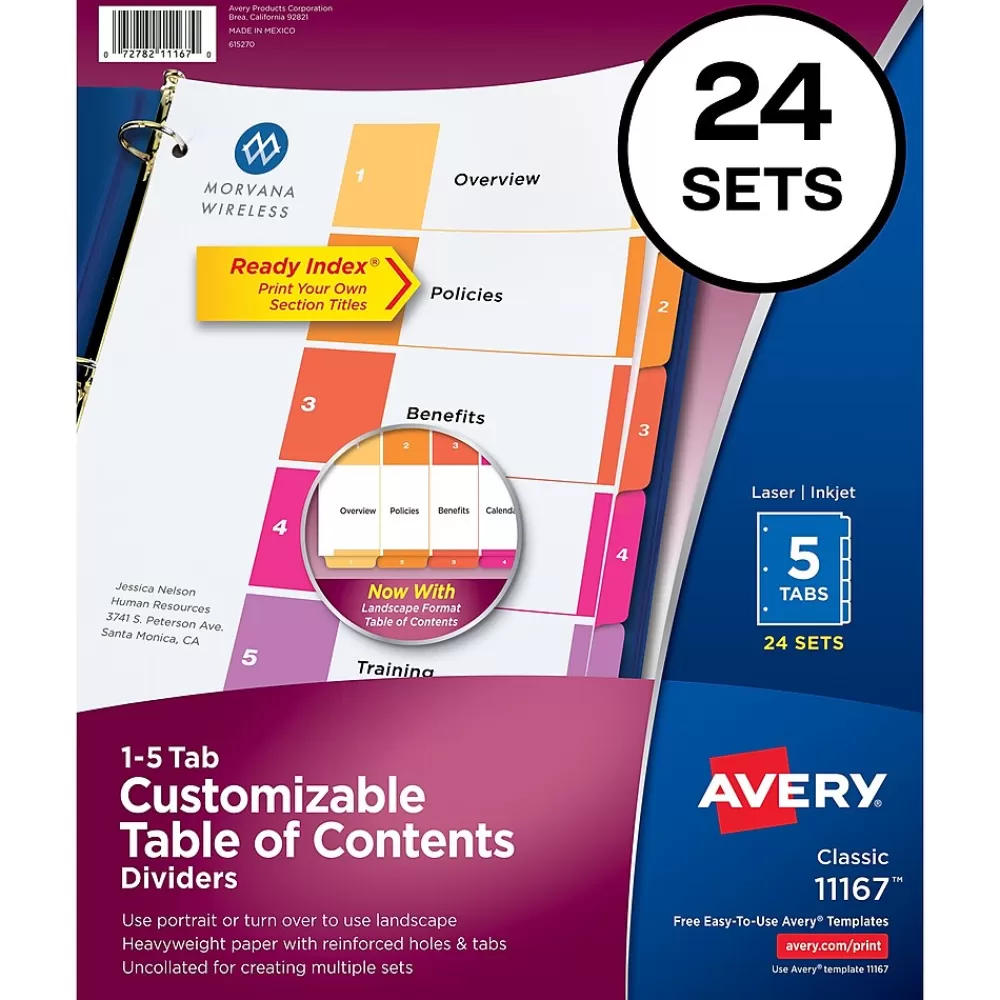 Avery Dividers<Ready Index Table of Contents Paper Dividers, 1-5 Tabs, Multicolor, 24 Sets/Box (11167)