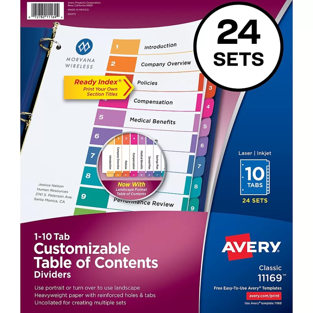 Avery Dividers<Ready Index Table of Contents Paper Dividers, 1-10 Tabs, Multicolor, 24 Sets/Box (11169)