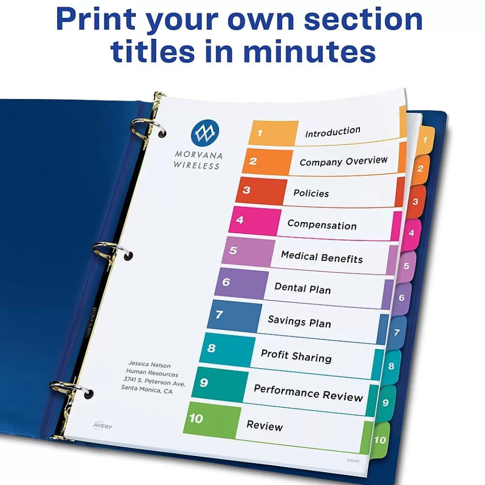 Avery Dividers<Ready Index Table of Contents Paper Dividers, 1-10 Tabs, Multicolor, 24 Sets/Box (11169)
