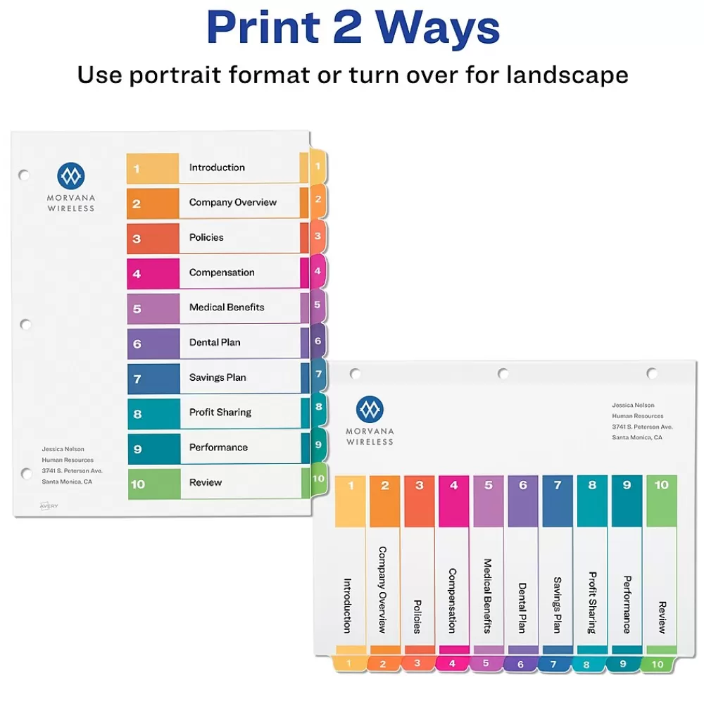 Avery Dividers<Ready Index Table of Contents Paper Dividers, 1-10 Tabs, Multicolor, 24 Sets/Box (11169)