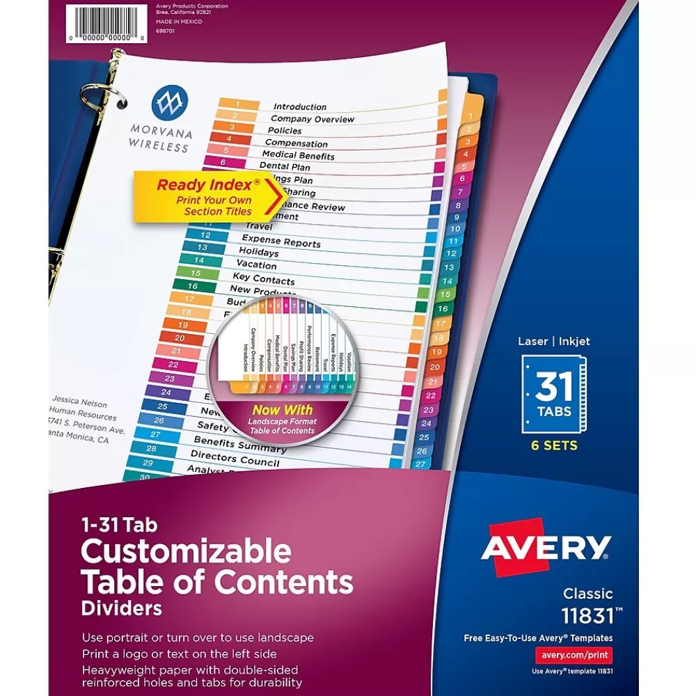 Avery Dividers<Ready Index Table of Contents Paper Dividers, 1-31 Tabs, Multicolor, 6 Sets/Pack (11831)