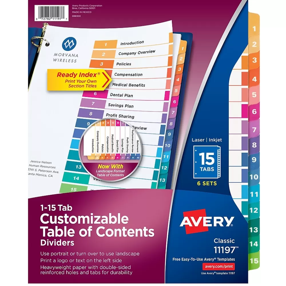 Avery Dividers<Ready Index Table of Contents Paper Dividers, 1-15 Tabs, Multicolor, 6 Sets/Pack (11197)