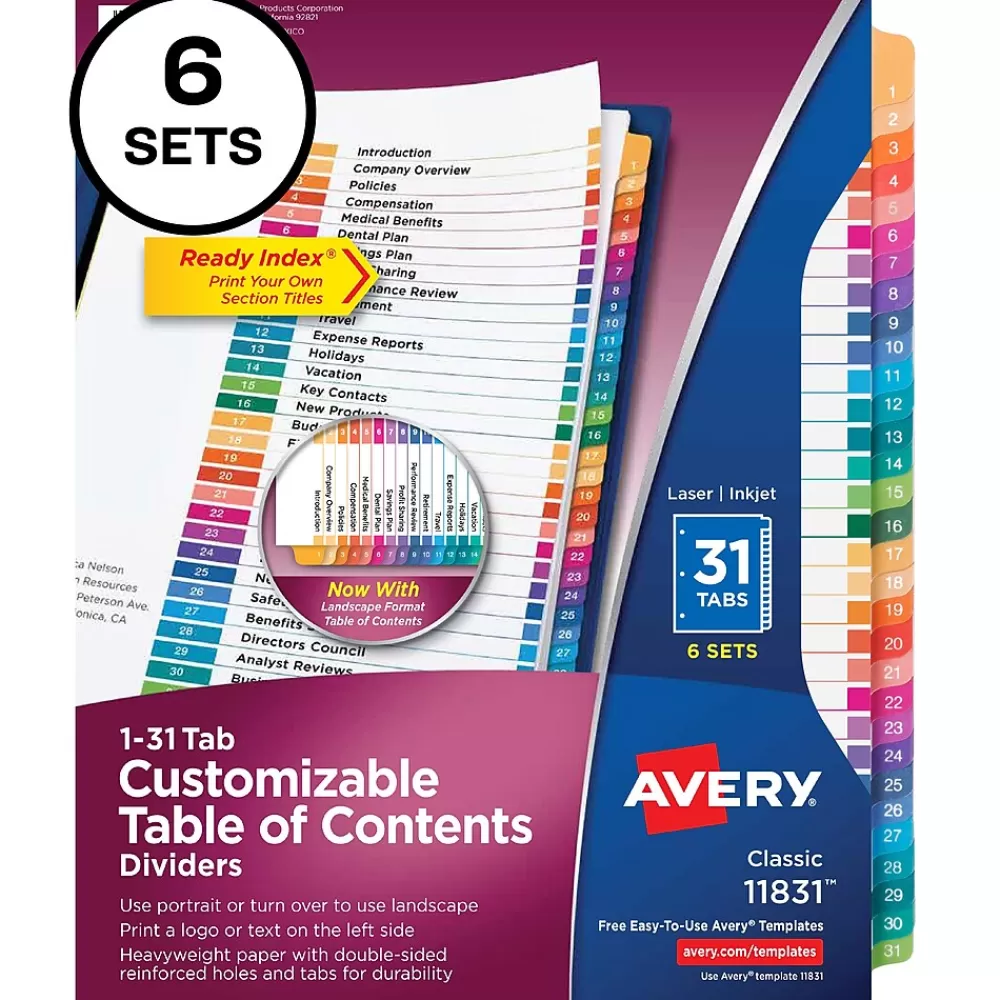 Avery Dividers<Ready Index Table of Contents Paper Dividers, 1-31 Tabs, Multicolor, 6 Sets/Pack (11831)