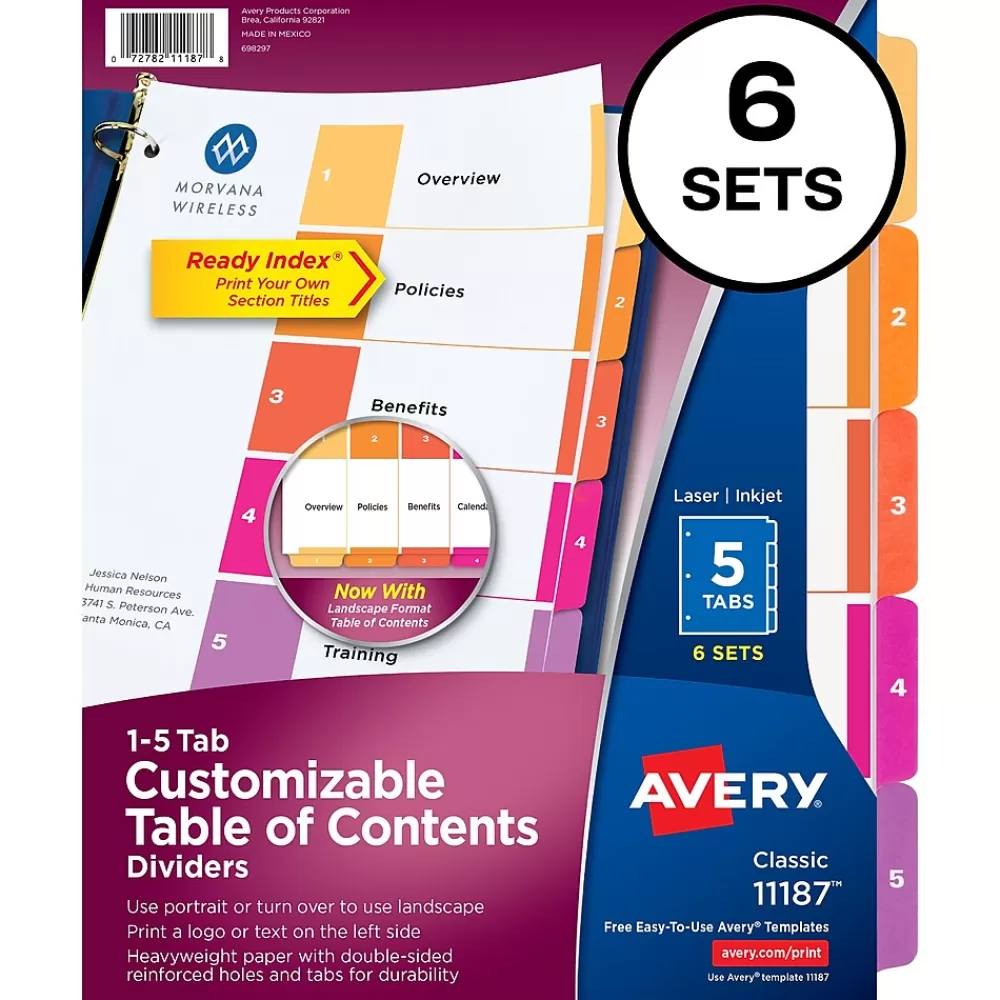 Avery Dividers<Ready Index Table of Contents Paper Dividers, 1-5 Tabs, Multicolor, 6 Sets/Pack (11187)