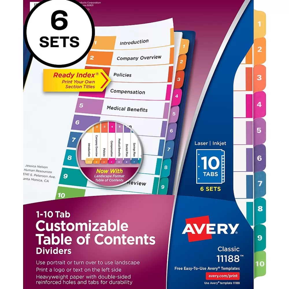 Avery Dividers<Ready Index Table of Contents Paper Dividers, 1-10 Tabs, Multicolor, 6 Sets/Pack (11188)