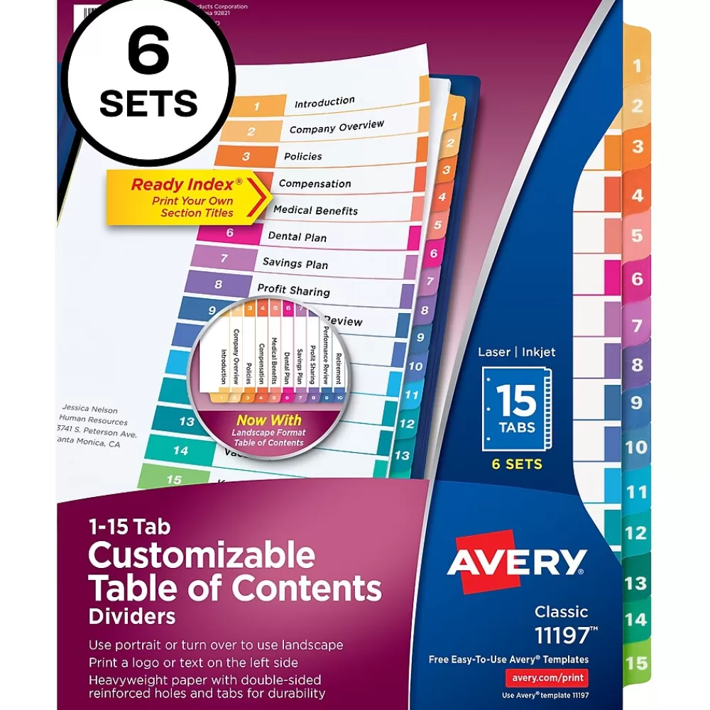 Avery Dividers<Ready Index Table of Contents Paper Dividers, 1-15 Tabs, Multicolor, 6 Sets/Pack (11197)
