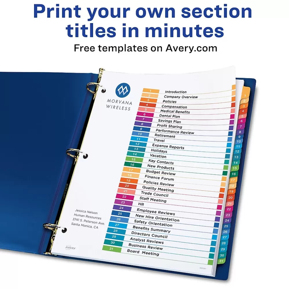 Avery Dividers<Ready Index Table of Contents Paper Dividers, 1-31 Tabs, Multicolor, 6 Sets/Pack (11831)
