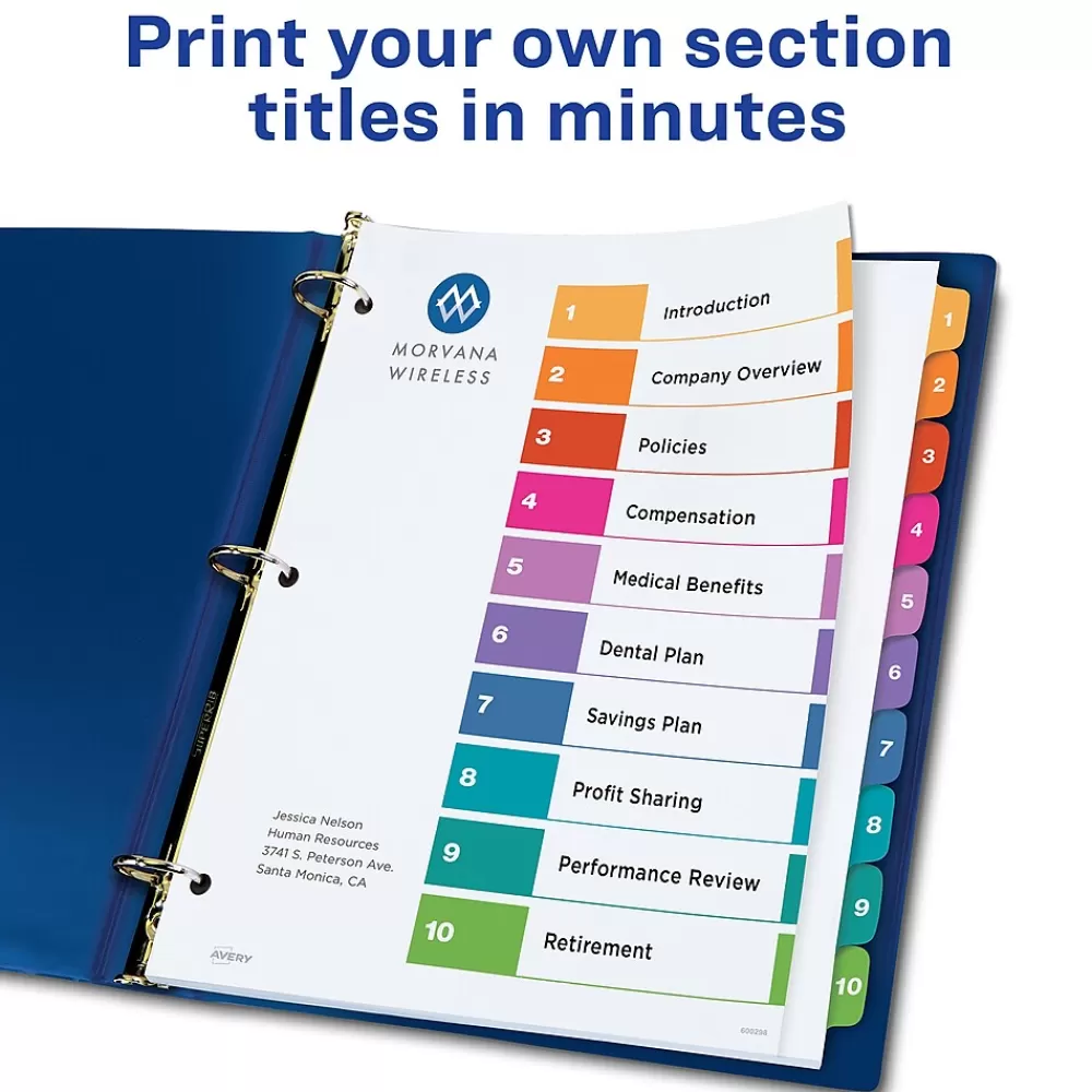 Avery Dividers<Ready Index Table of Contents Paper Dividers, 1-10 Tabs, Multicolor, 6 Sets/Pack (11188)