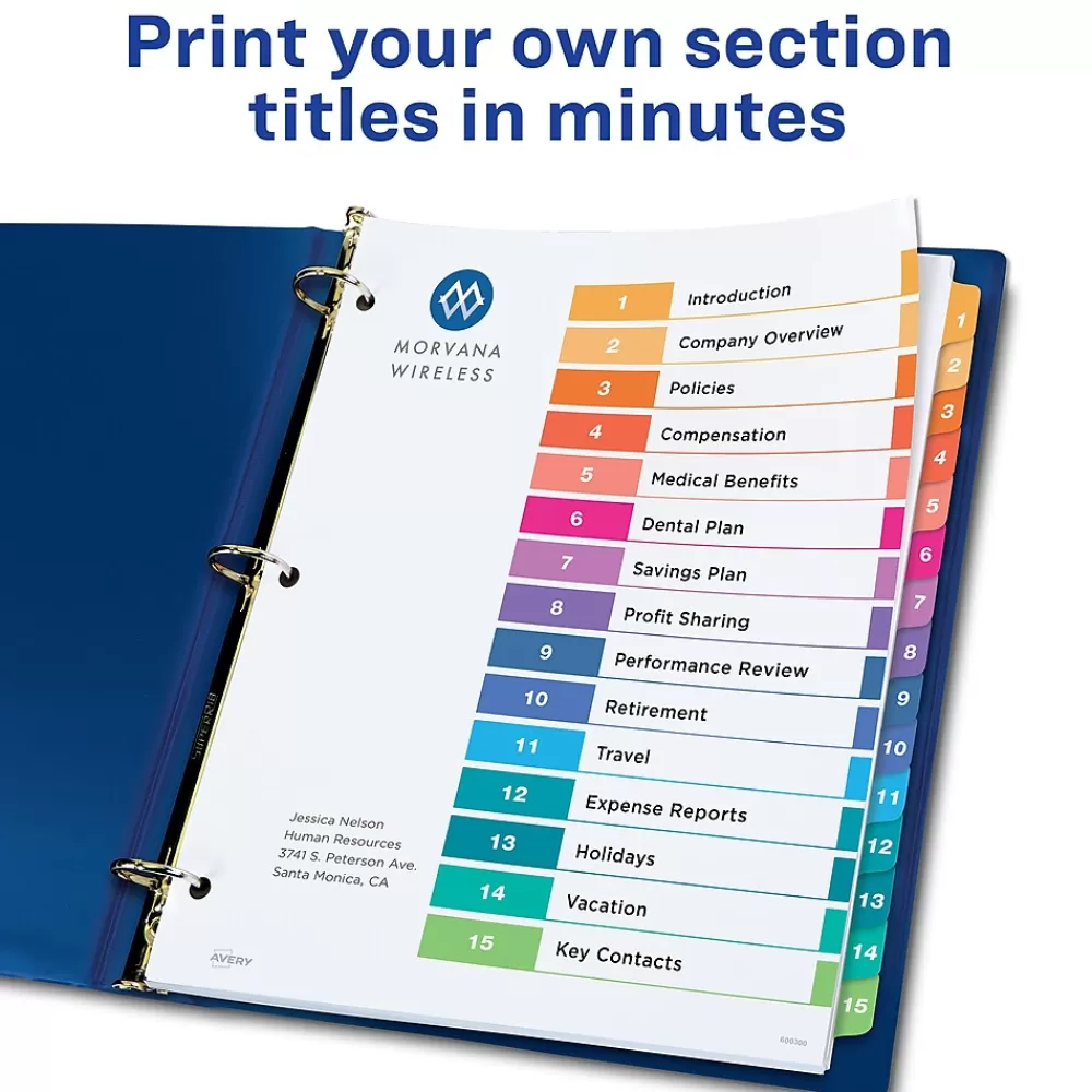 Avery Dividers<Ready Index Table of Contents Paper Dividers, 1-15 Tabs, Multicolor, 6 Sets/Pack (11197)