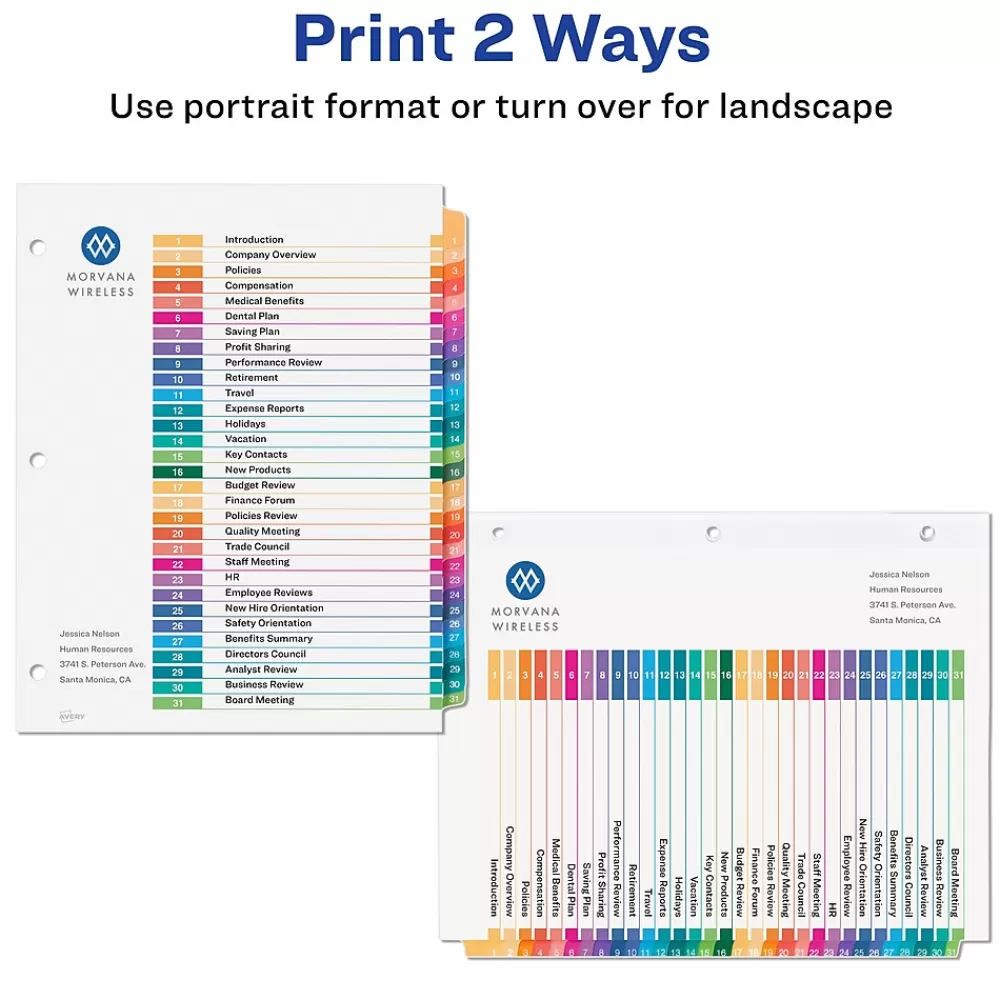 Avery Dividers<Ready Index Table of Contents Paper Dividers, 1-31 Tabs, Multicolor, 6 Sets/Pack (11831)